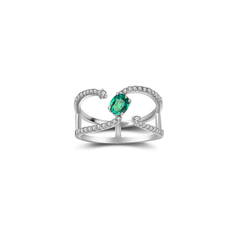 18k Gold Single Emerald Connected Diamond Ring - Genevieve Collection