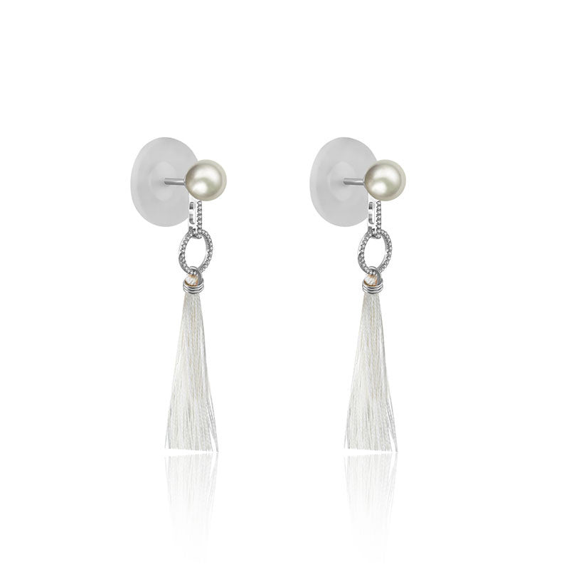 18k Gold Round Shape Tassel Diamond Earring With Pearl - Genevieve Collection