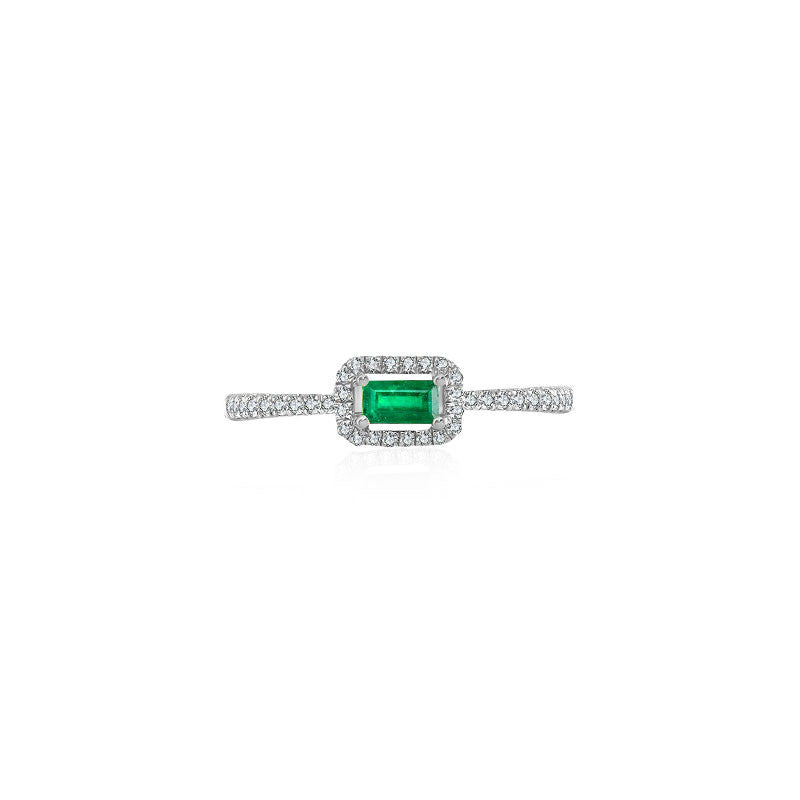 18k Gold Rectangle Shape Emerald Ring Surrounded by Diamond - Genevieve Collection