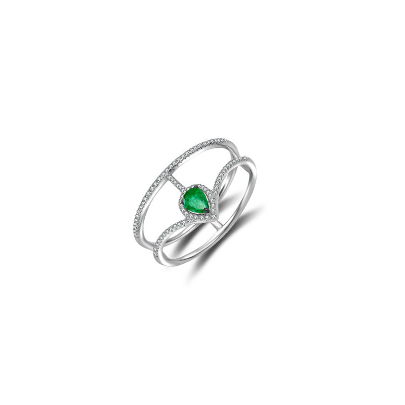 18k Gold Curve Diamond Double Ring with Drop Shape Emerald - Genevieve Collection