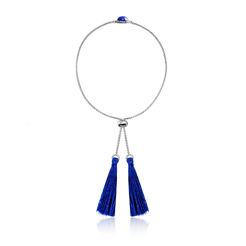 18k Gold Round Lapis Diamond Bracelet with Blue Tassel - Genevieve Collection