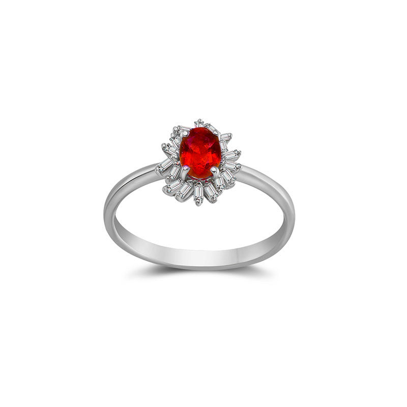 18k Gold Ruby Ring Surrounded by Irregular Shape Diamond - Genevieve Collection