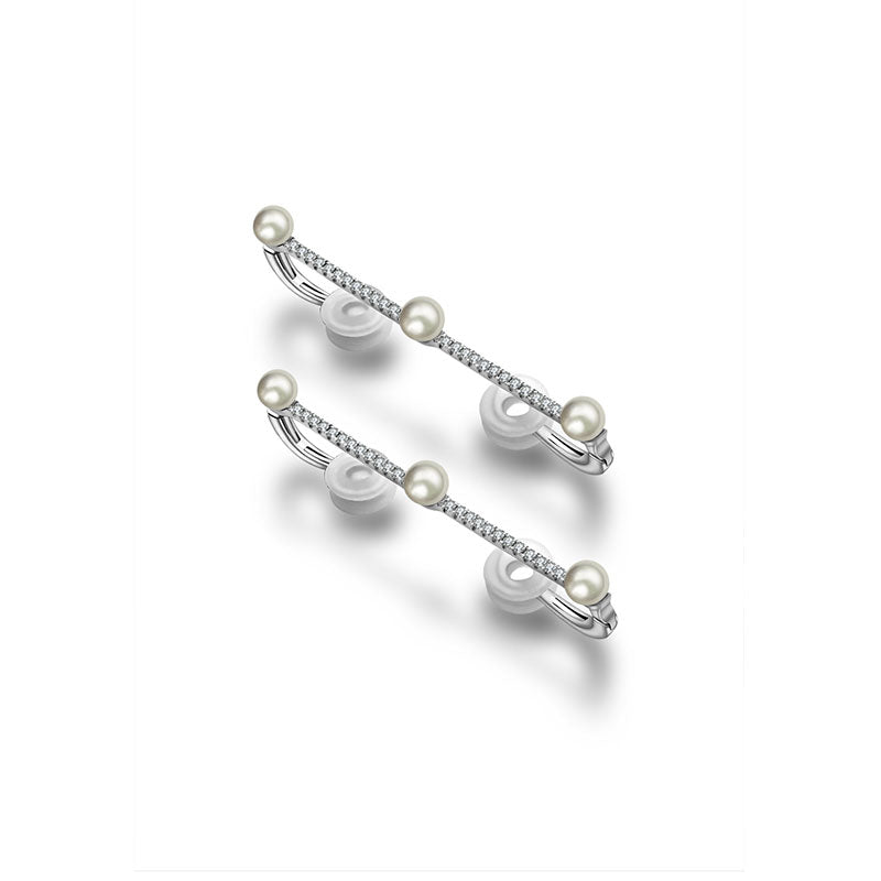 18k Gold Vertical Line Diamond Ear Cuff with Pearl - Genevieve Collection