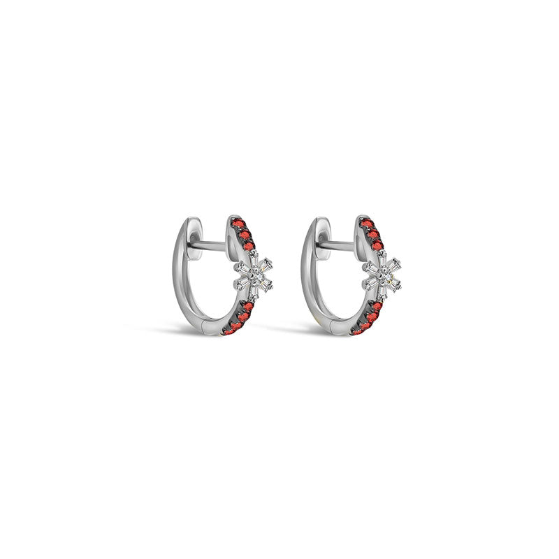 18k Gold Hoop Diamond And Ruby Earring with Flower Pattern - Genevieve Collection