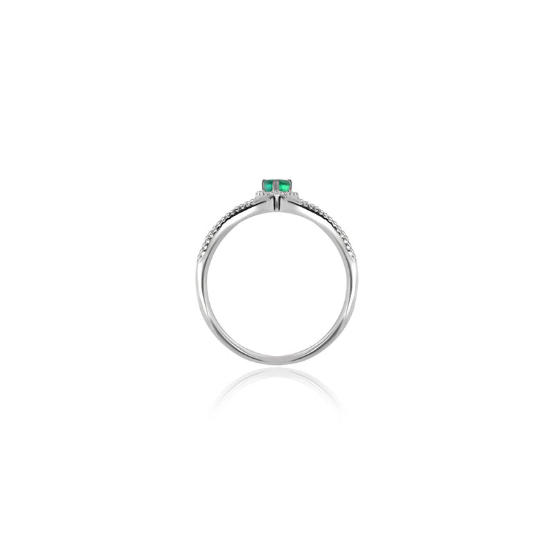 18k Gold Curve Diamond Double Ring with Drop Shape Emerald - Genevieve Collection
