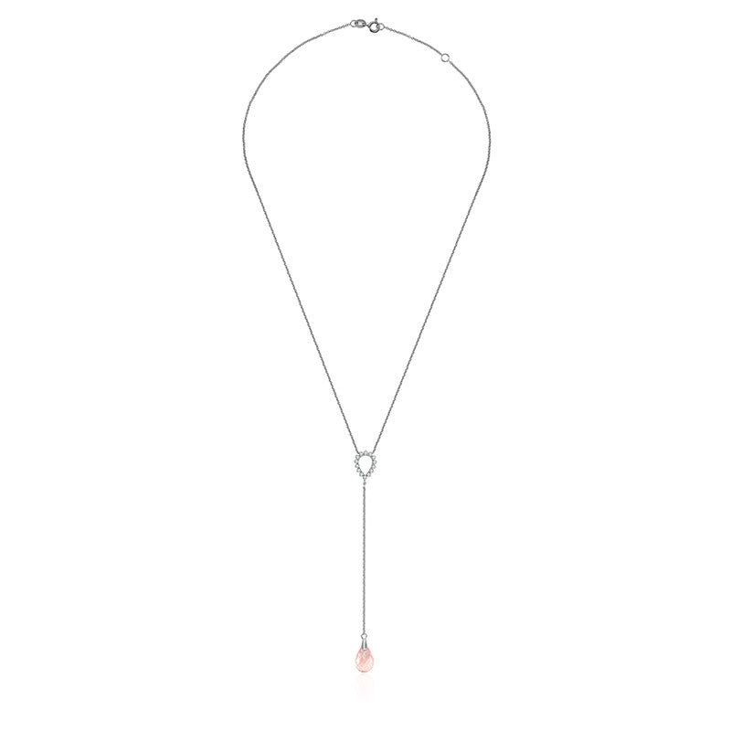 18k Gold Pink Quartz Chain Diamond Necklace With Drop Shape - Genevieve Collection