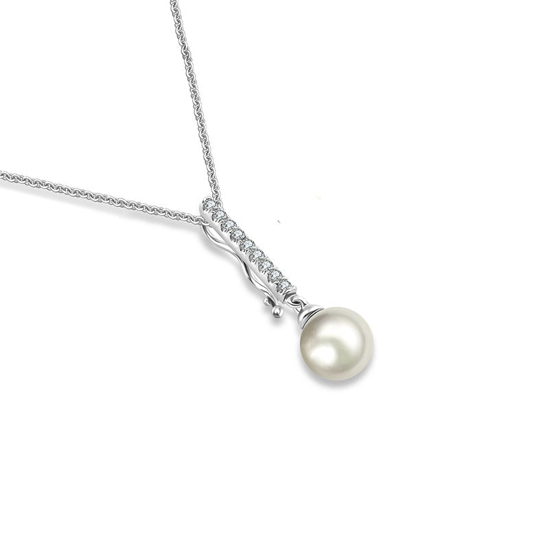 18k Gold 2 ways Line Shaped Diamond Necklace with Pearl - Genevieve Collection