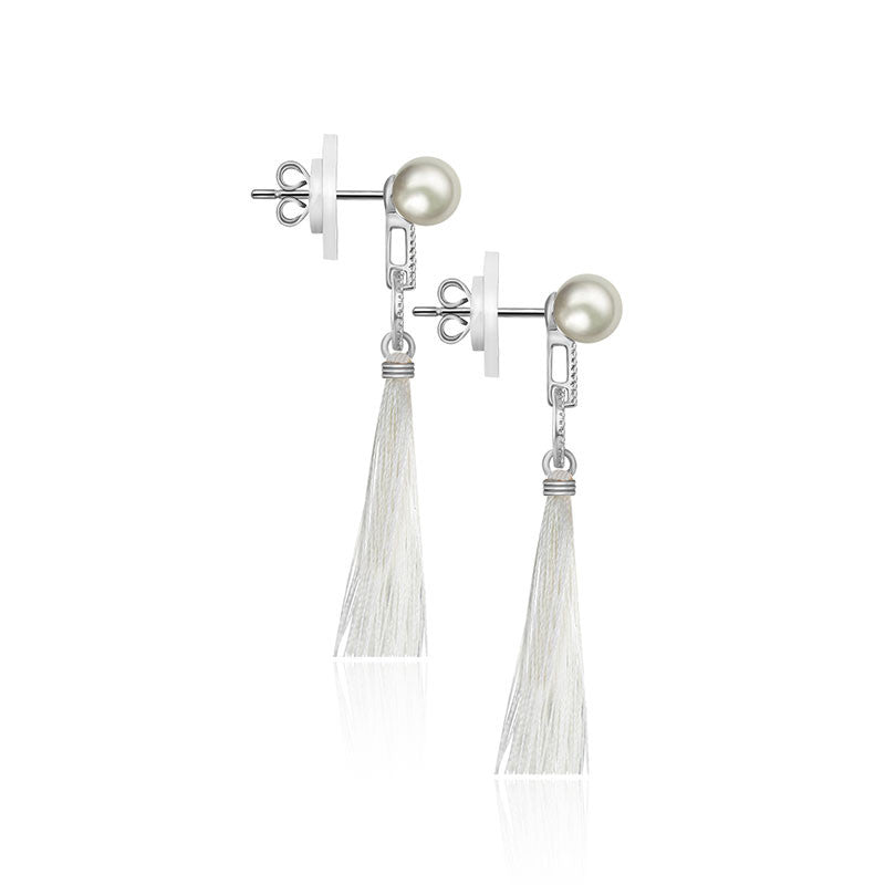 18k Gold Round Shape Tassel Diamond Earring With Pearl - Genevieve Collection