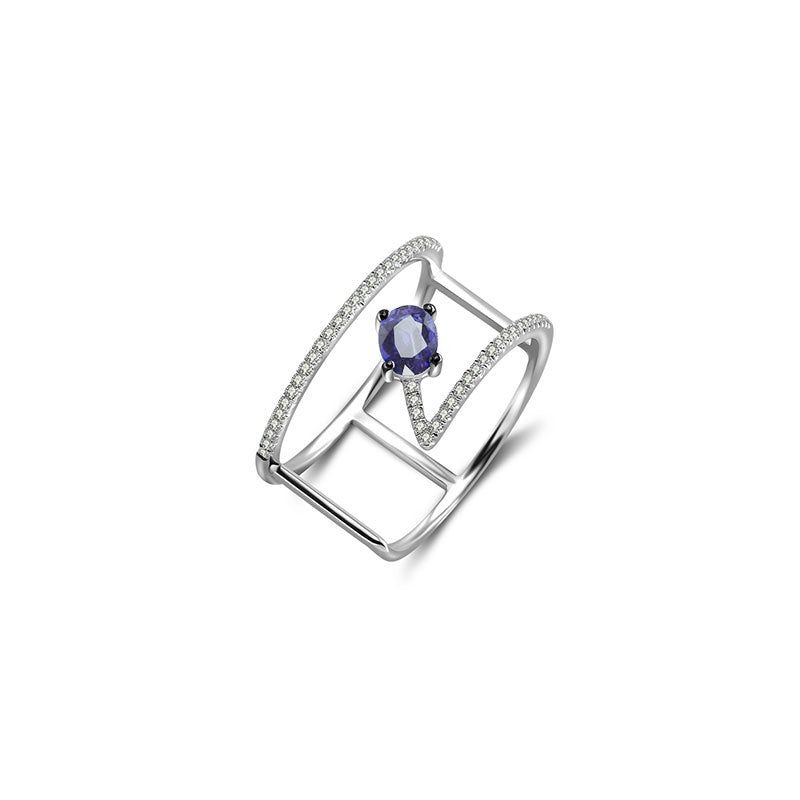 18k Gold Diamond Double Ring with Sapphire - Genevieve Collection