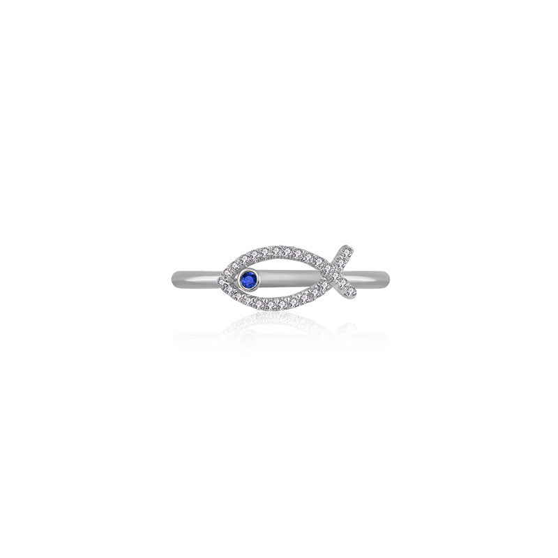 18k Gold Fish Shape Diamond Ring with Sapphire - Genevieve Collection