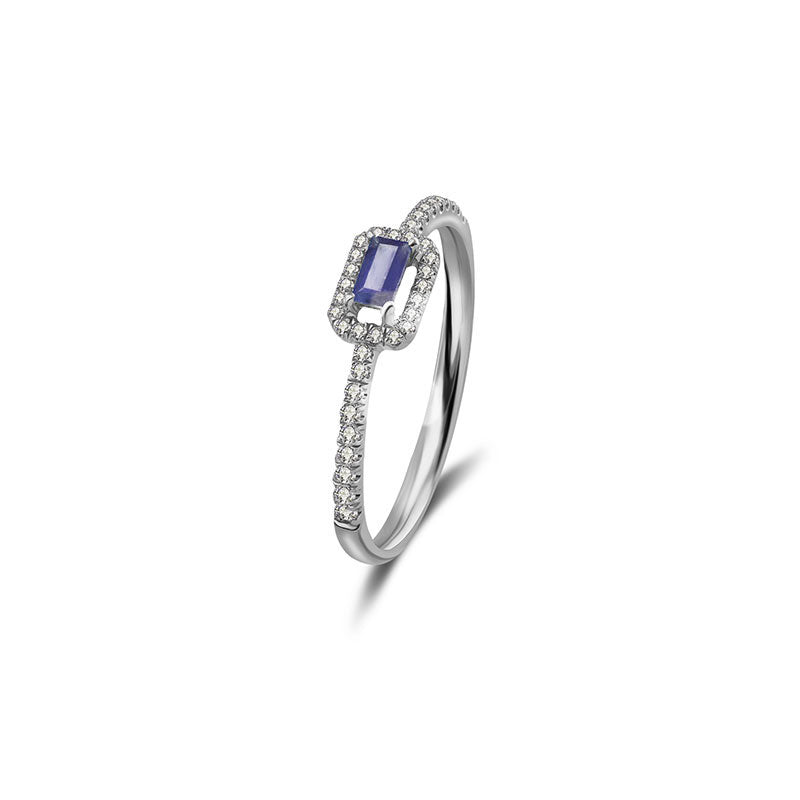 18k Gold Rectangle Shape Sapphire Ring Surrounded by Diamond - Genevieve Collection