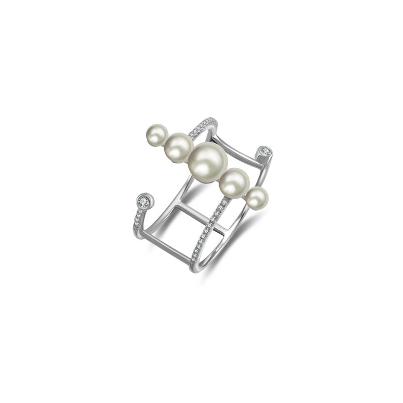 18k Gold Pearl Double Open Diamond Ring - Genevieve Collection