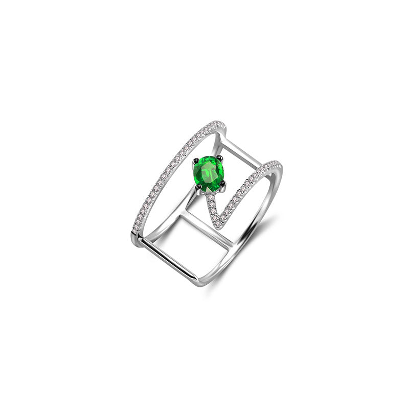 18k Gold Diamond Double Ring with Emerald - Genevieve Collection