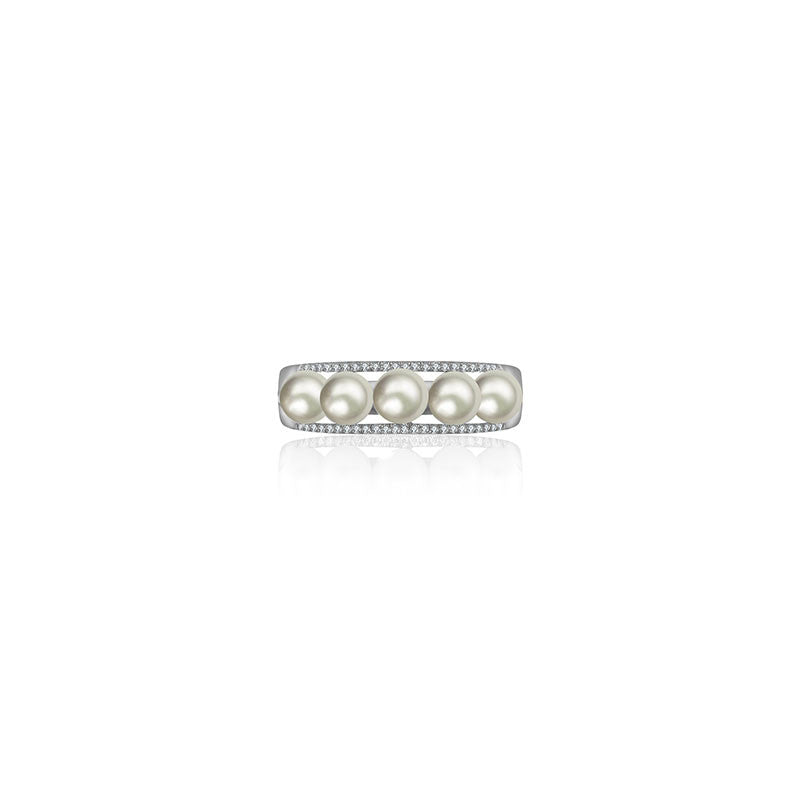 18k Gold Double Line Diamond Ring With Pearl - Genevieve Collection