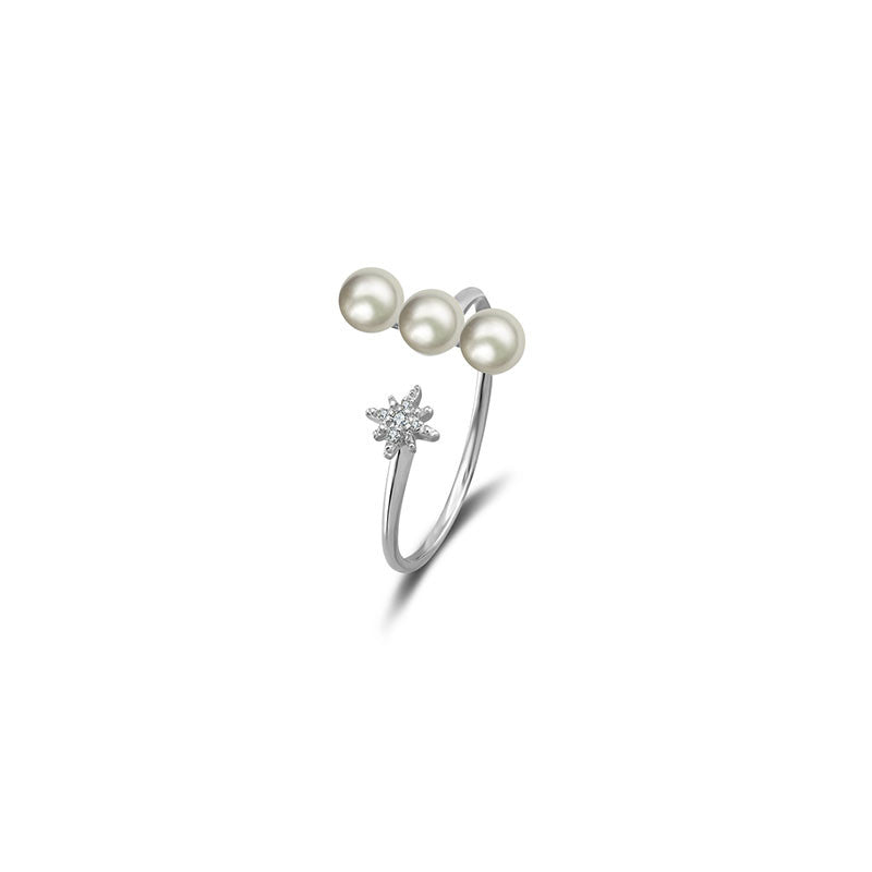 18k Gold Star Open Diamond Ring With Pearl - Genevieve Collection