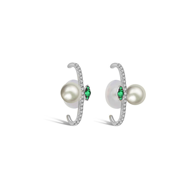 18k Gold Half Hoop Diamond Earring with Pearl and Emerald - Genevieve Collection