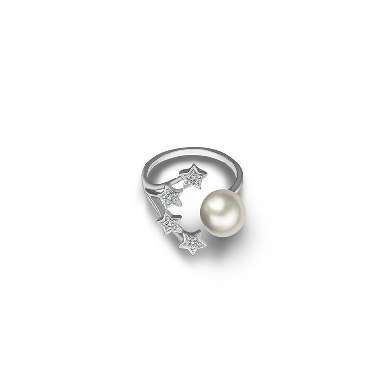 18k Gold Quadruple Star Open Diamond Ring With Pearl - Genevieve Collection