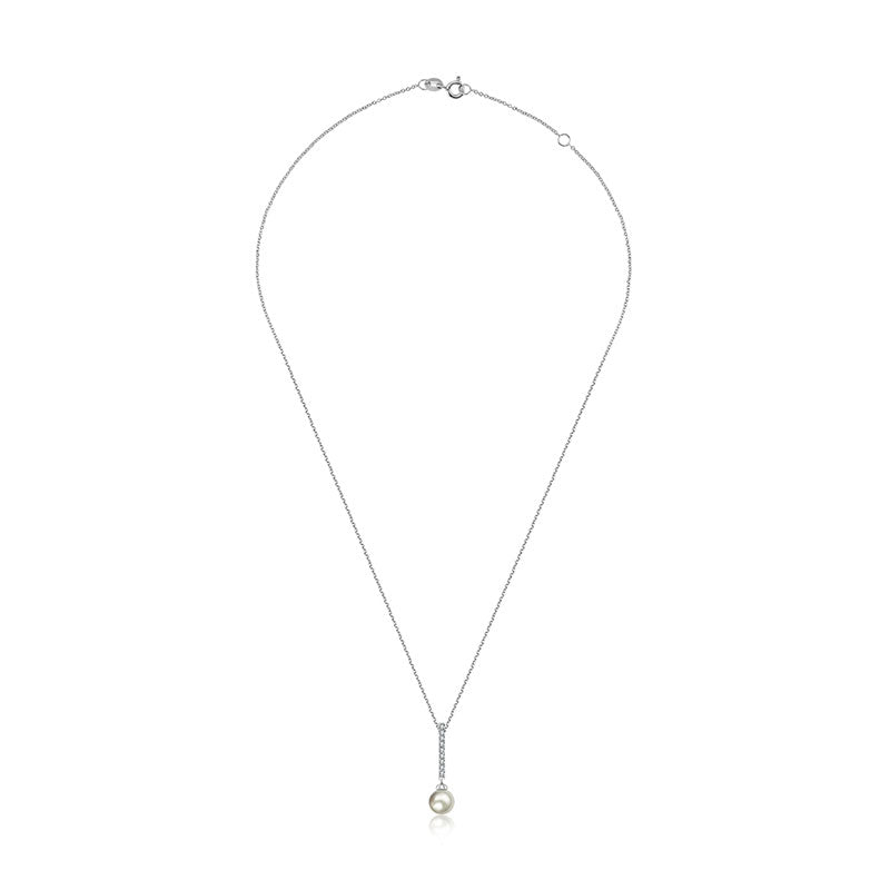 18k Gold 2 ways Line Shaped Diamond Necklace with Pearl - Genevieve Collection