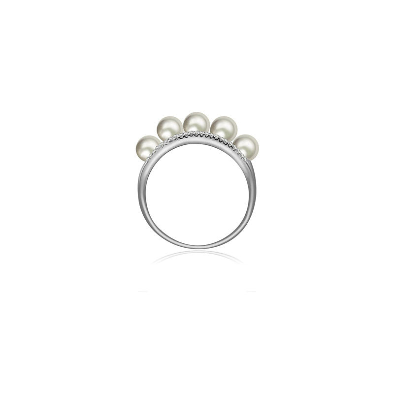 18k Gold Double Line Diamond Ring With Pearl - Genevieve Collection