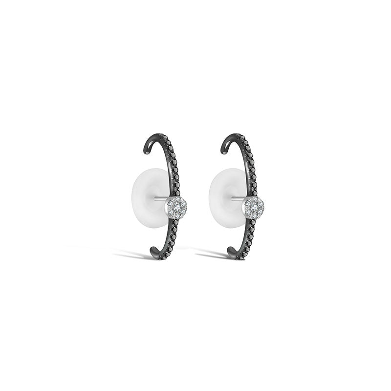18k Gold Round Pattern Half Hoop Diamond Earring with Black Diamond - Genevieve Collection