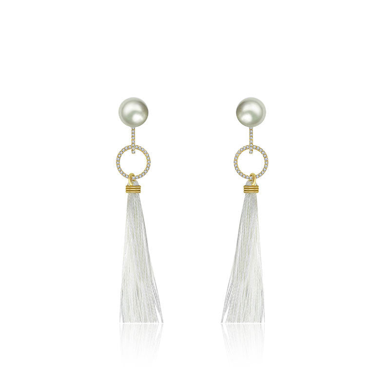 18k Gold Round Shape Tassel Diamond Earring With Pearl - Genevieve Collection