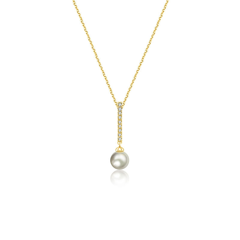 18k Gold 2 ways Line Shaped Diamond Necklace with Pearl - Genevieve Collection