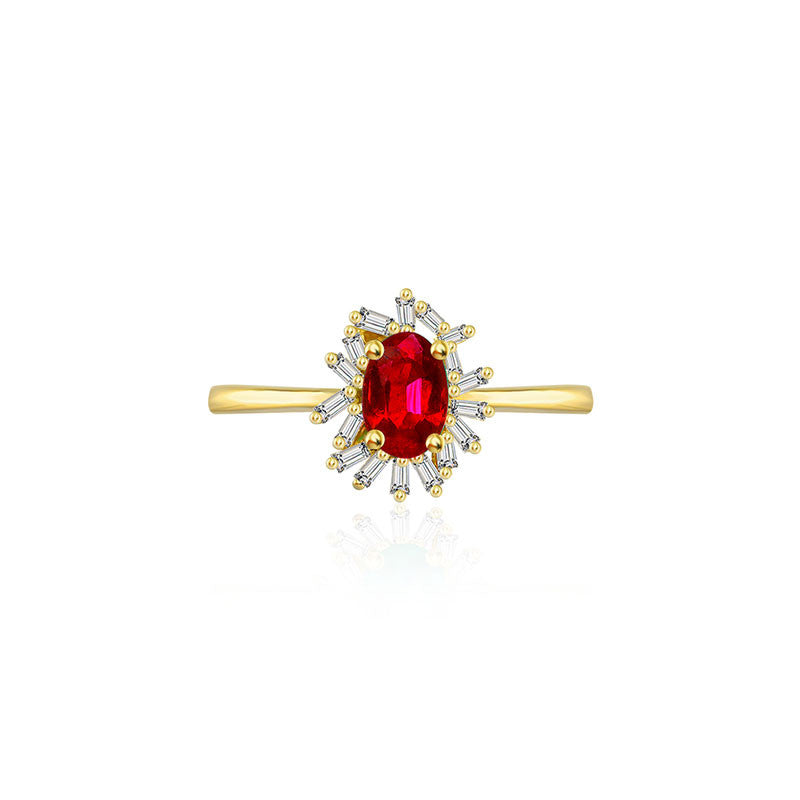 18k Gold Ruby Ring Surrounded by Irregular Shape Diamond - Genevieve Collection