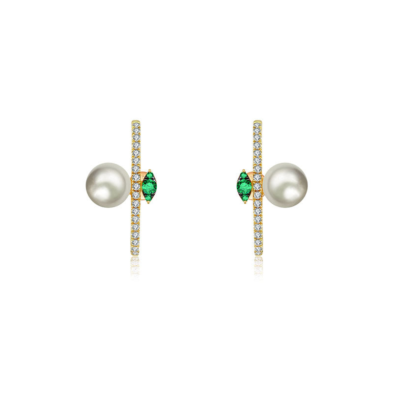 18k Gold Half Hoop Diamond Earring with Pearl and Emerald - Genevieve Collection