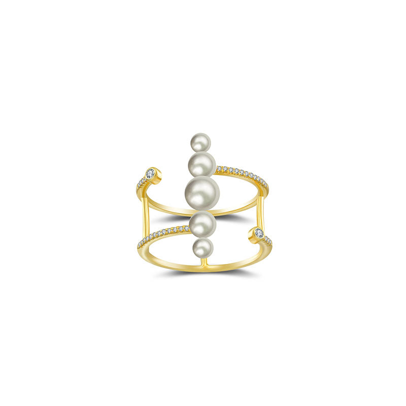 18k Gold Pearl Double Open Diamond Ring - Genevieve Collection