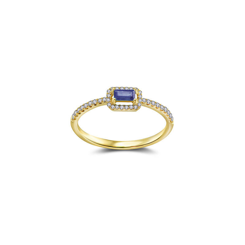 18k Gold Rectangle Shape Sapphire Ring Surrounded by Diamond - Genevieve Collection