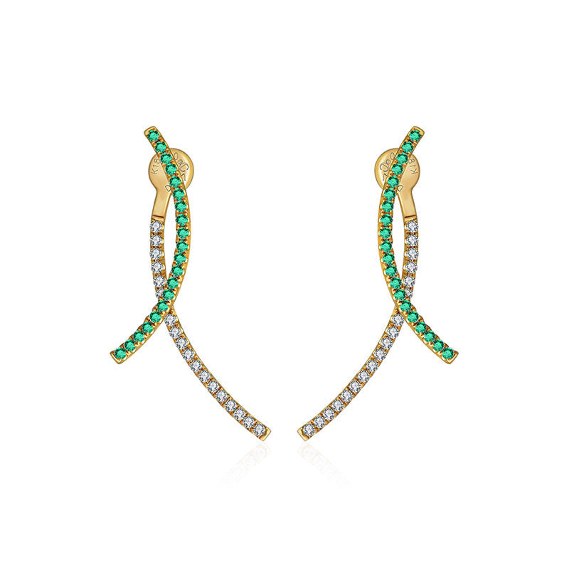 18k Gold Double Curve Diamond Earring With Emerald - Genevieve Collection