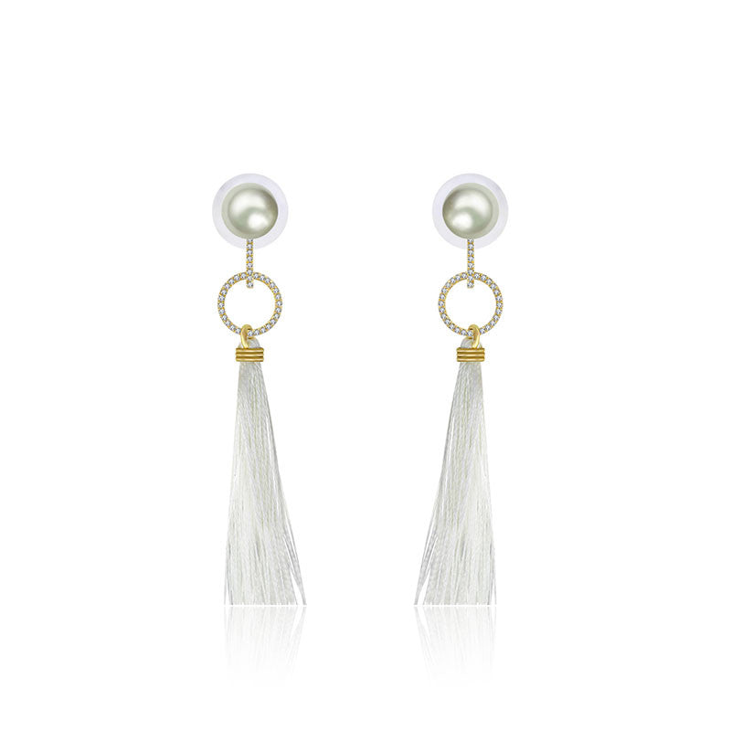 18k Gold Round Shape Tassel Diamond Earring With Pearl - Genevieve Collection