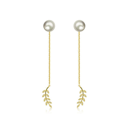 18k Gold Greek Leaf Dangling Diamond Earring With Pearl - Genevieve Collection