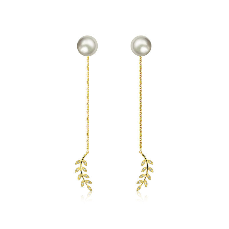 18k Gold Greek Leaf Dangling Diamond Earring With Pearl - Genevieve Collection