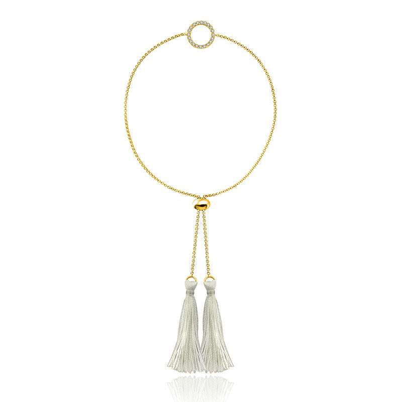 18k Gold Round Shape Diamond Bracelet with White Tassel - Genevieve Collection