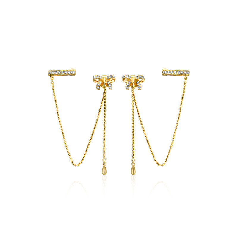 18k Gold Ribbon Shape with Chain Diamond Ear Cuff & Earring - Genevieve Collection