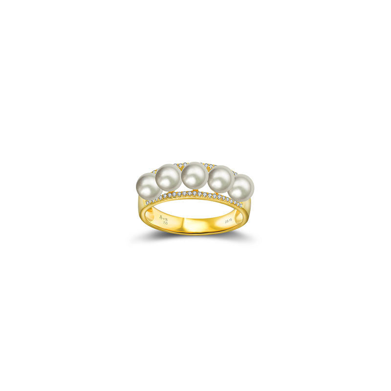 18k Gold Double Line Diamond Ring With Pearl - Genevieve Collection