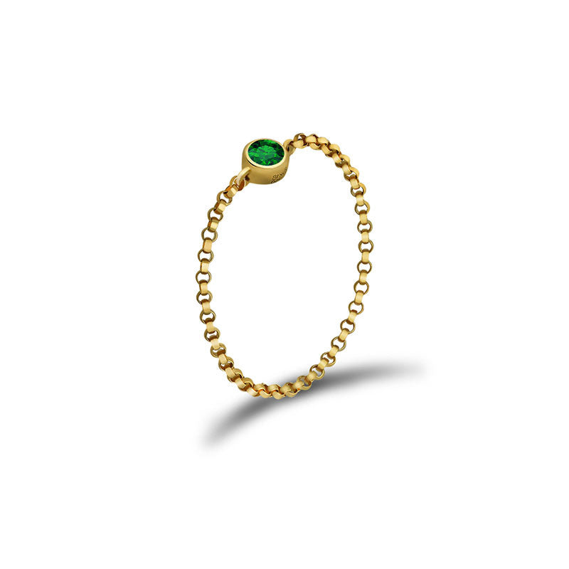 18k Gold May Birthstone Emerald Chain Ring - Genevieve Collection
