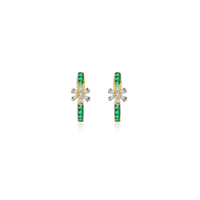 18k Gold Hoop Diamond And Emerald Earring with Flower Pattern - Genevieve Collection