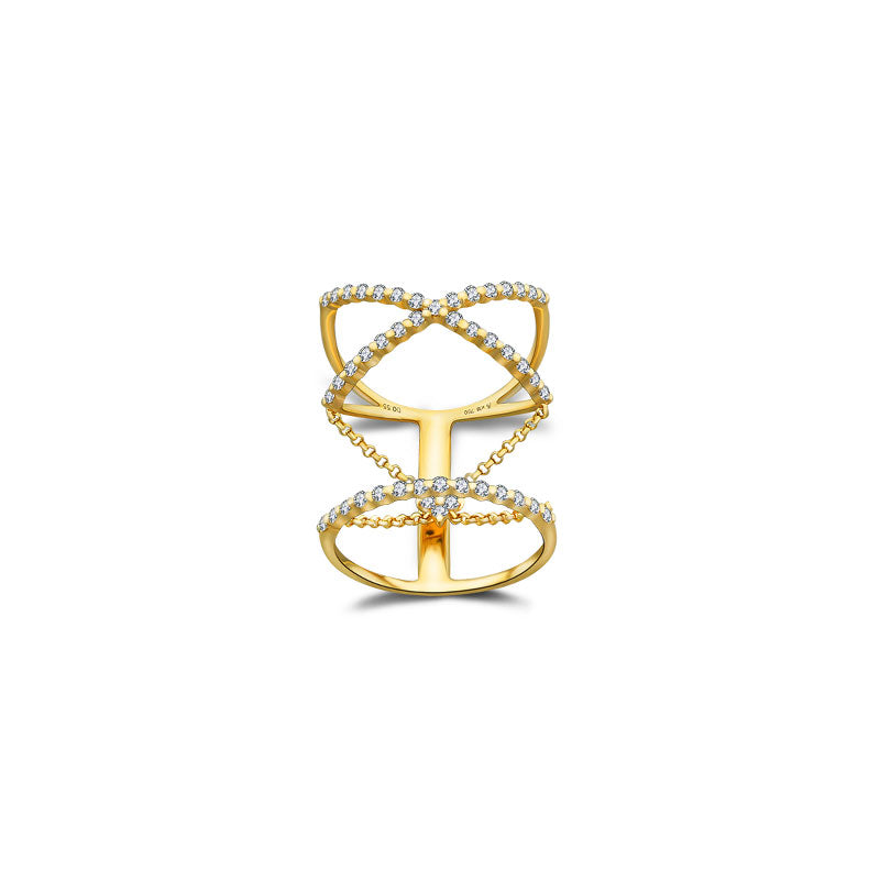 18k Gold Cross Diamond Chain Ring - Genevieve Collection