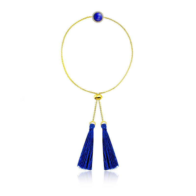 18k Gold Round Lapis Diamond Bracelet with Blue Tassel - Genevieve Collection