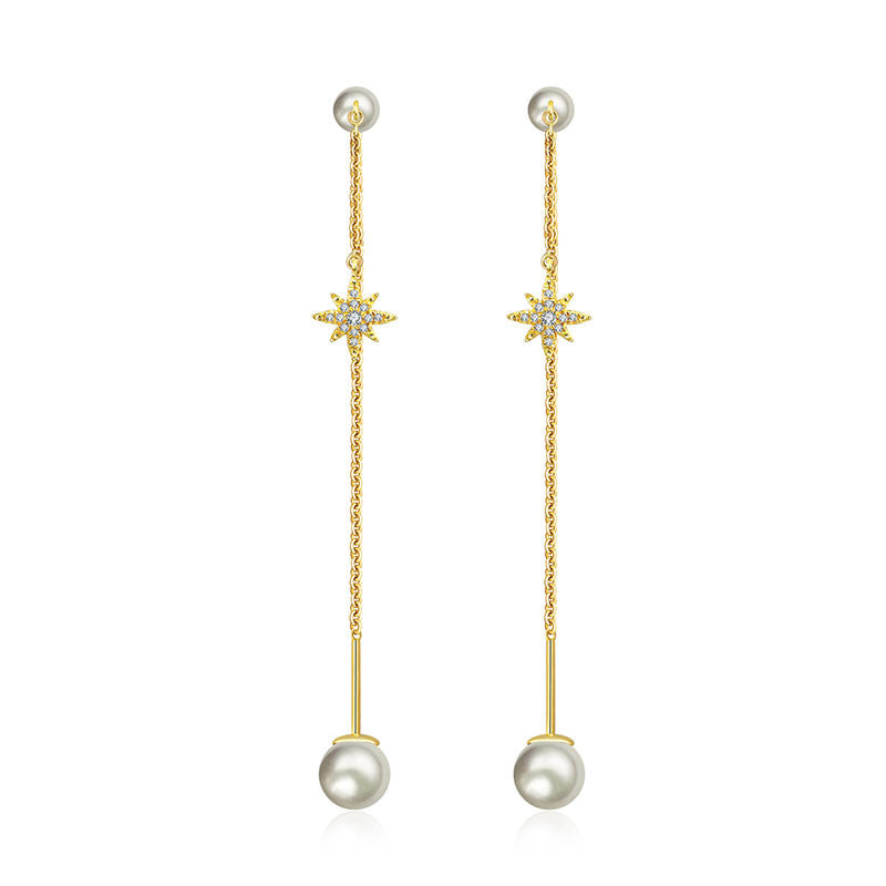 18k Gold Star Shape Chain Diamond Earring With Pearl - Genevieve Collection