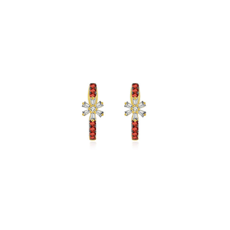 18k Gold Hoop Diamond And Ruby Earring with Flower Pattern - Genevieve Collection