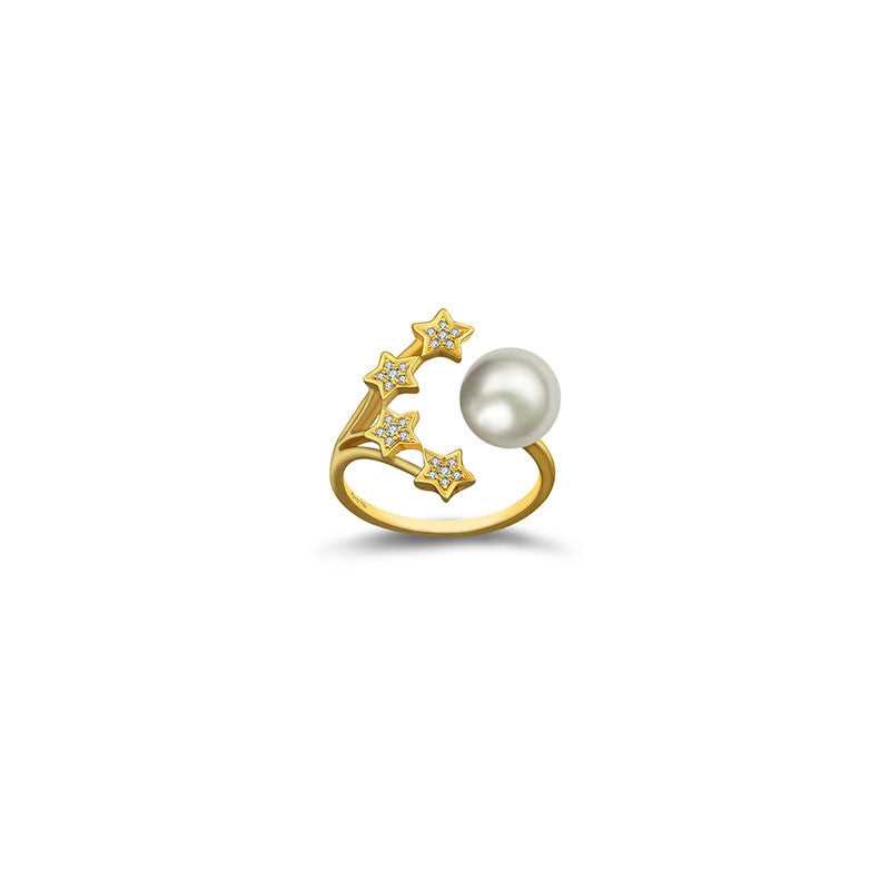 18k Gold Quadruple Star Open Diamond Ring With Pearl - Genevieve Collection