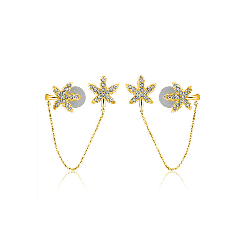 18k Gold Leaf Shape with Chain Diamond Ear Cuff & Earring - Genevieve Collection