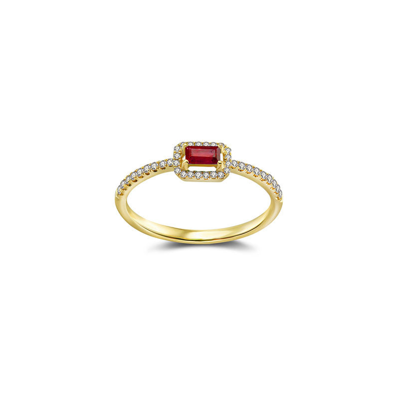 18k Gold Rectangle Shape Ruby Ring Surrounded by Diamond - Genevieve Collection