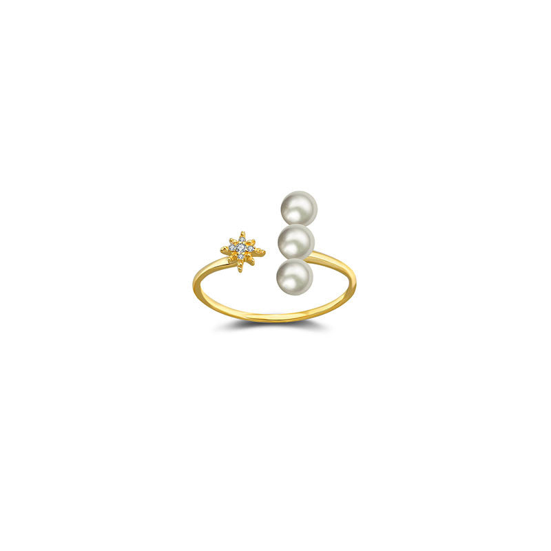 18k Gold Star Open Diamond Ring With Pearl - Genevieve Collection