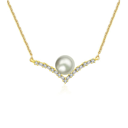 18k Gold Double Curve Diamond Necklace With Pearl - Genevieve Collection