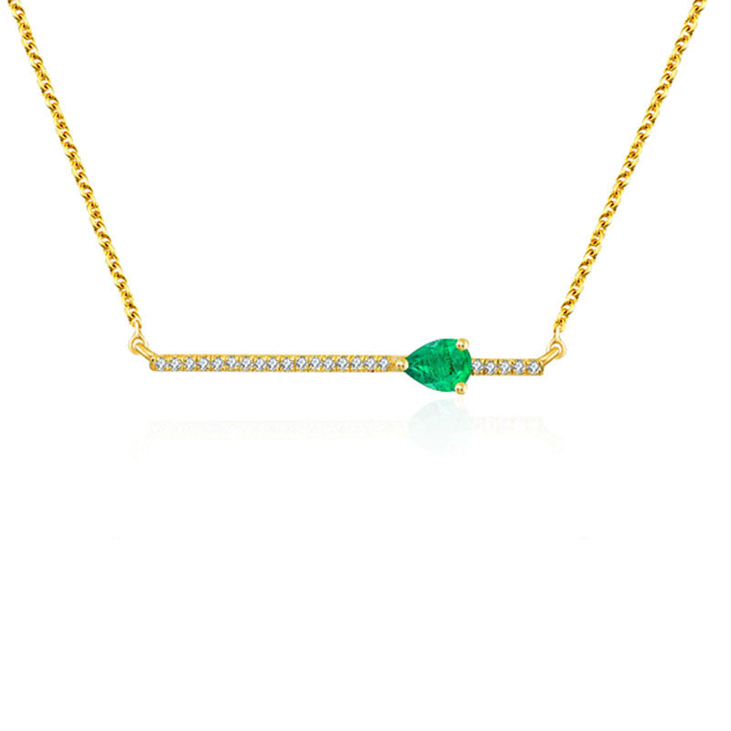 18k Gold Line Diamond Necklace with Drop Shape Emerald - Genevieve Collection