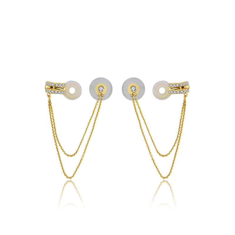 18k Gold Double Chain Diamond Ear Cuff & Earring - Genevieve Collection